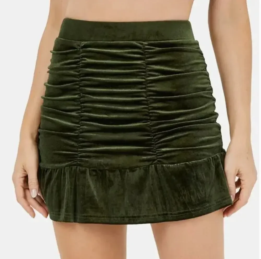 Halara Dark Green Velvet Mini Skirt with  Ruched Ruffle Hem Small